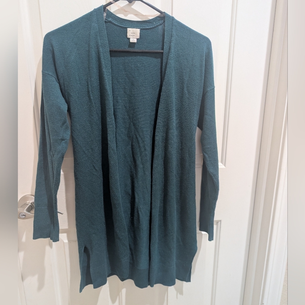 A. New Day Teal Duster Open Fron Cardigan Sz. Small